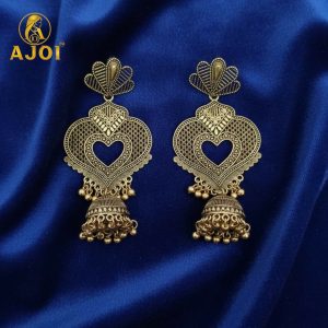 Premium Antique Heart Jhumka Earrings with Traditional Gold-Tone Detailing