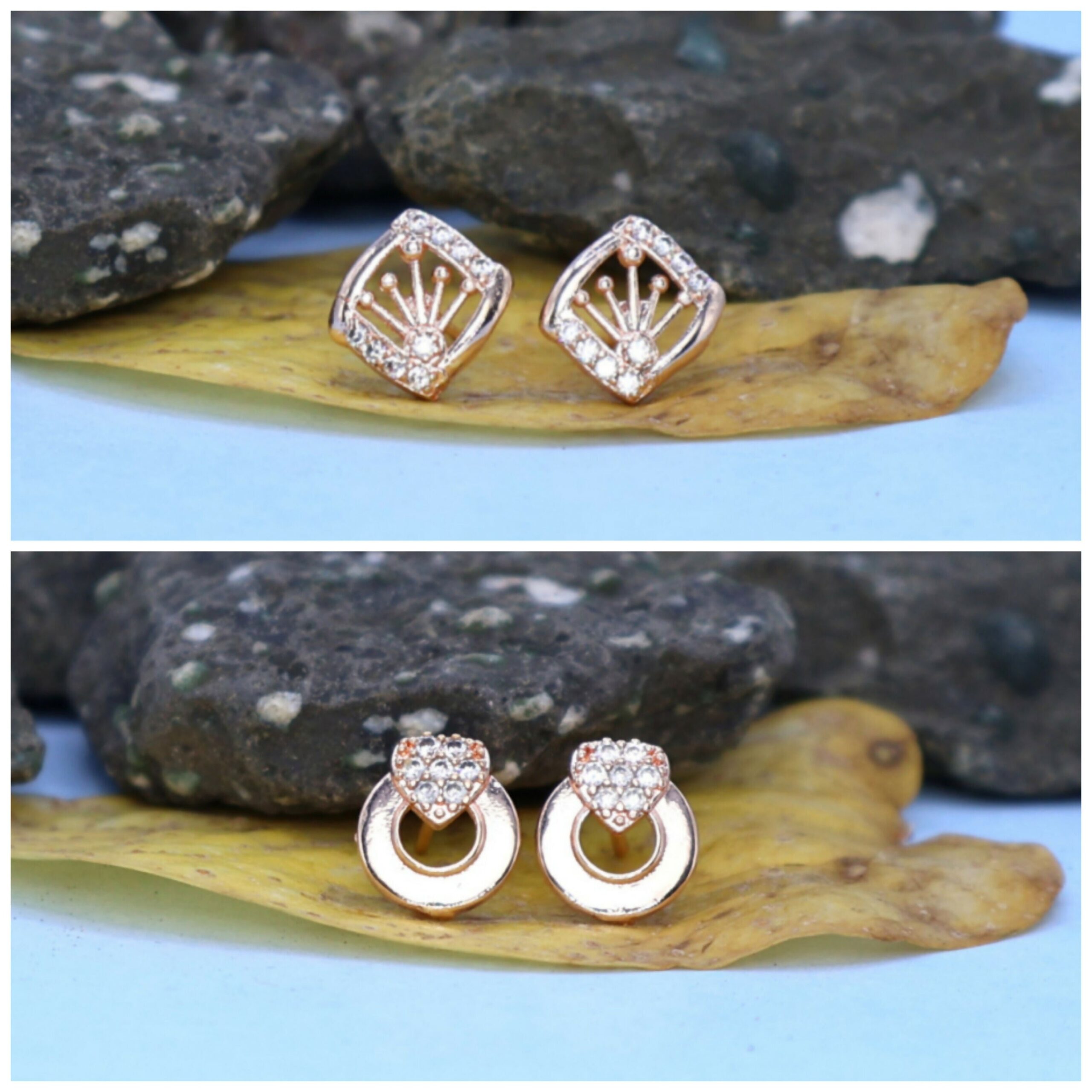 Rose Gold Crown & Heart Stud Earring Set for women and girls Combo Pack of 2