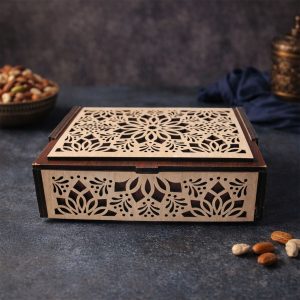 Premium 4 Compartment Wooden Dry Fruit Box with Decorative Laser Cut Lid