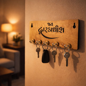 Wooden Key Holder for Wall – “Jay Dwarkadish” MDF Key Organizer | Spiritual Home Décor Key Stand