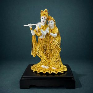 Radha Krishna Idol White and Golden Finish Statue for Home Temple Decor