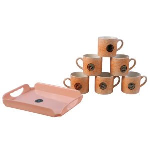 7-Piece Ceramic Coffee Mug Set with Serving Tray