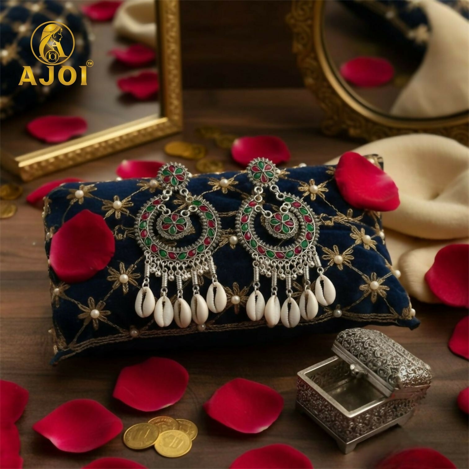 Classic Antique Silver Chandbali with Floral Enamel Work & Cowrie Shell Dangles | Traditional Wedding Statement Earrings.