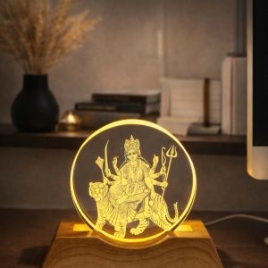 Durga Engraved Acrylic LED Night Lamp with Wooden Base for Home Decor & Gifting