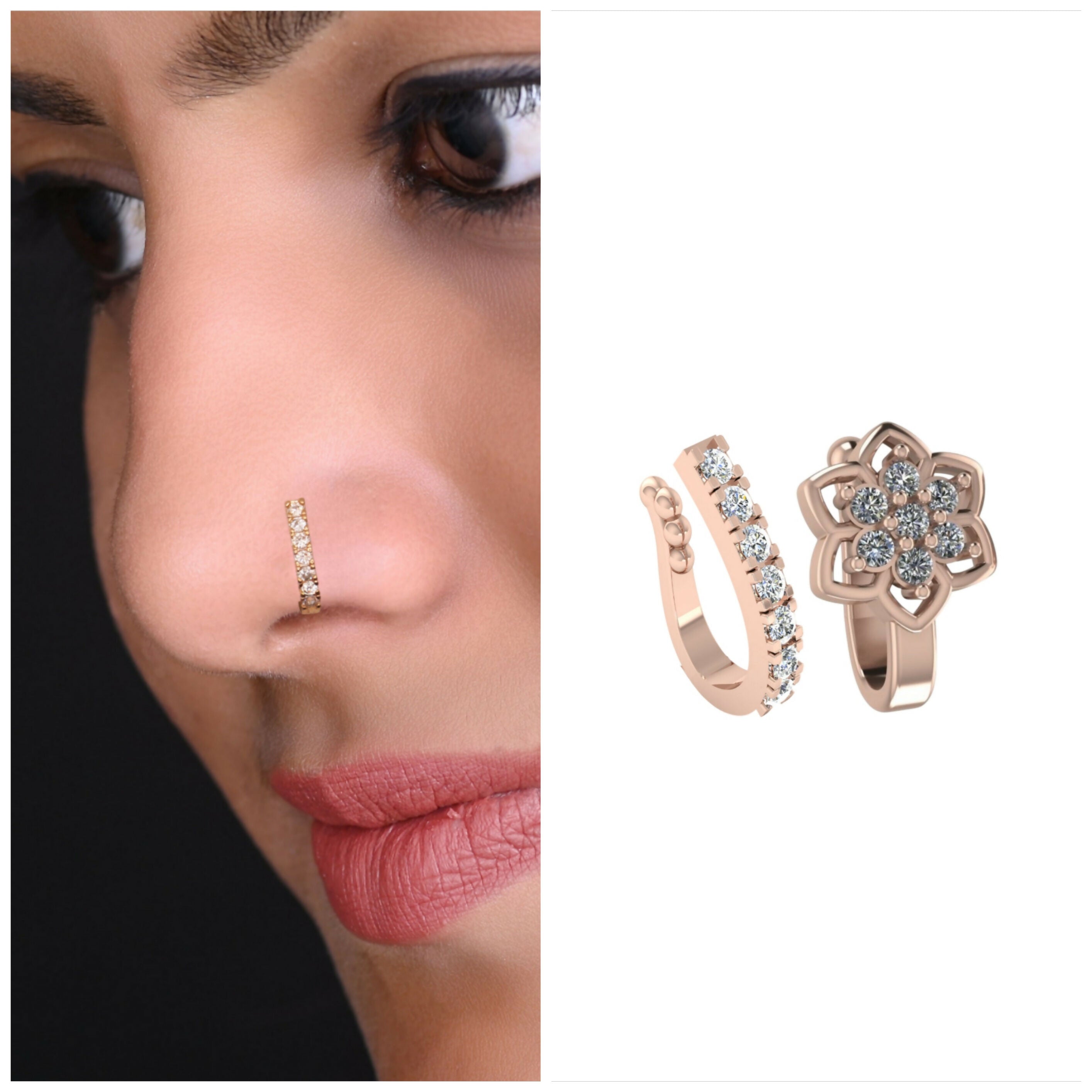 CZ Flower Non-Piercing Nose Clip/Cuff (Gold & Rose Gold) Combo Pack of 2