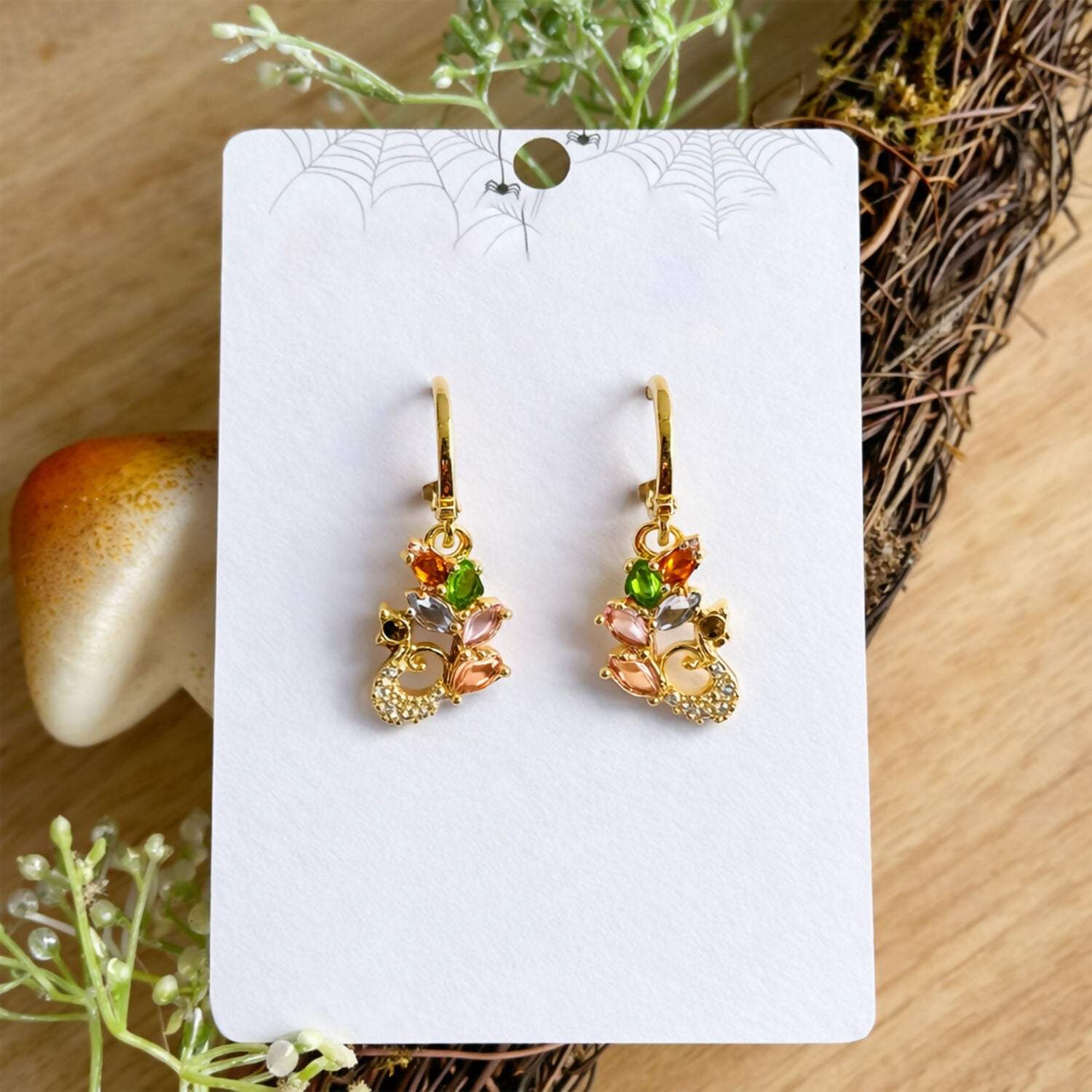 Multicolor Gemstone Leaf Motif Drop Earrings with Gold Finish