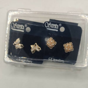 2 Pair Gold-Plated AD Stud Earrings: Butterfly & Floral Design for women and girls