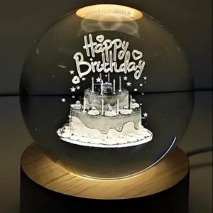 3D Crystal Ball Birthday LED Lamp with Wooden Base & Warm Light