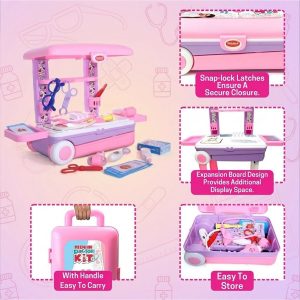 Premium Doctor Set with Pull & Push Trolley for Kids,Doctor Set with LED Light Instruments, 13 Piece Doctor Kit, BIS Approved (Pink)