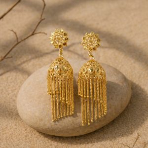 Traditional Gold Tone Floral Jhumka Earrings with Long Chain Tassel Design