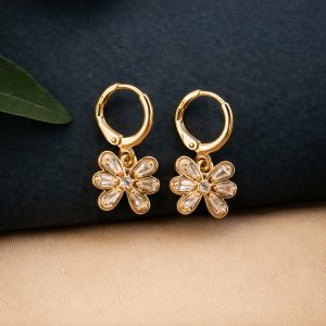 Gold-Tone Floral Crystal Drop Hoop Earrings for Women