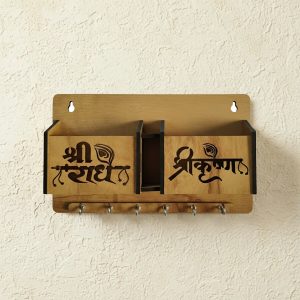 Wooden Wall Mounted Key Holder with Mobile Stand & 6 Hooks