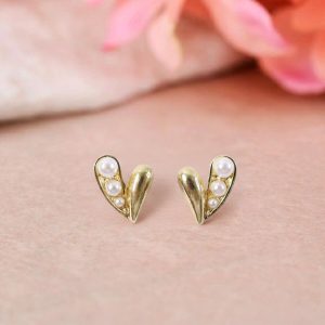 Elegant Korean Style Gold Pearl Heart Stud Earrings for Women & Girls