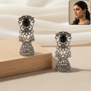 German Silver Jhumka Earrings with Black Monalisa Stones