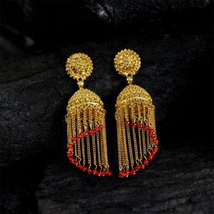 Traditional Gold Tone Tassel Jhumka Earrings Long Chain Drop Ethnic Earrings for Women