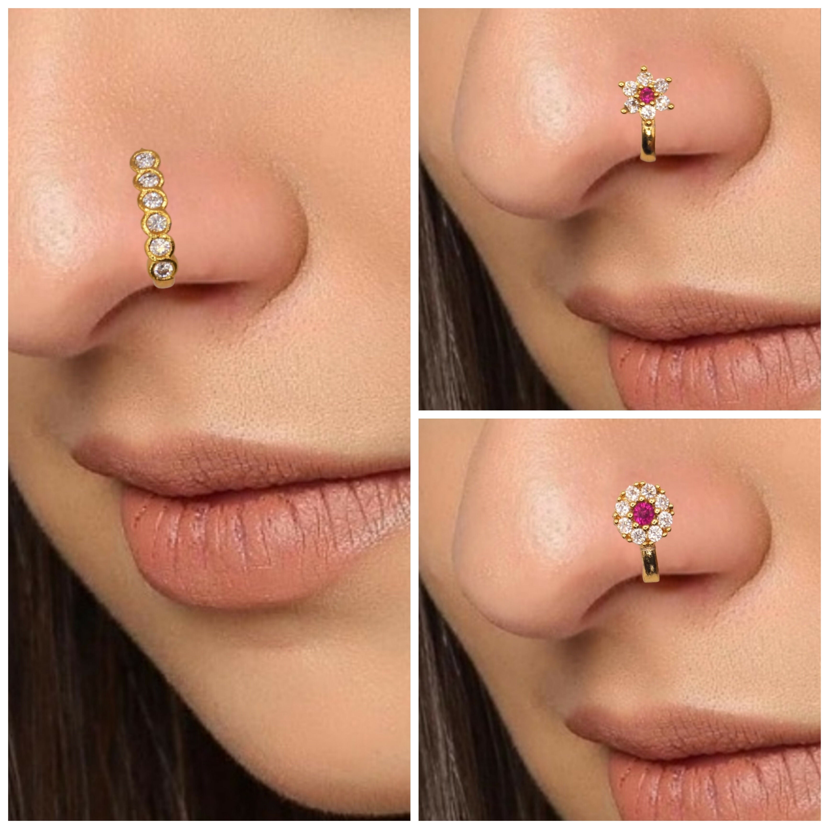 CZ Flower & Line Gold Plated Non-Piercing Nose Ring Set Combo Pack of 3