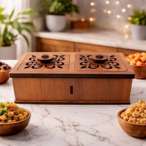 Premium 2 Compartment Wooden Dry Fruit Box with Carved Lid