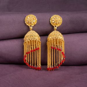 Traditional Gold Tone Tassel Jhumka Earrings Long Chain Drop Ethnic Earrings for Women