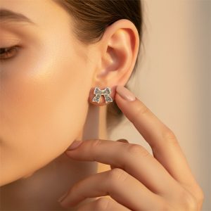 Elegant Crystal Bow Stud Earrings for Women | Gold Plated Rhinestone Ribbon Earrings | Cute Korean Style Party & Daily Wear