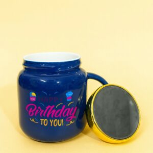 PACK OF 1 Happy Birthday Printed Ceramic Mug with Golden Lid | Premium Gift Mug for Men & Women | Designer Birthday Cup with Colorful Print | Stylish Tea & Coffee Mug for Gifting | Perfect Birthday Return Gift, Office Gift & Celebration Gift