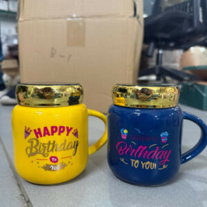 PACK OF 1 Happy Birthday Printed Ceramic Mug with Golden Lid | Premium Gift Mug for Men & Women | Designer Birthday Cup with Colorful Print | Stylish Tea & Coffee Mug for Gifting | Perfect Birthday Return Gift, Office Gift & Celebration Gift