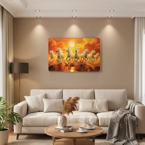 Seven White Running Horses Sunset Wall Art Frame