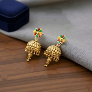 Floral Enamel Gold-Plated Jhumka Earrings, new design earrings, trendy earrings, earrings for women and girls, traditional earrings, multy color earrings