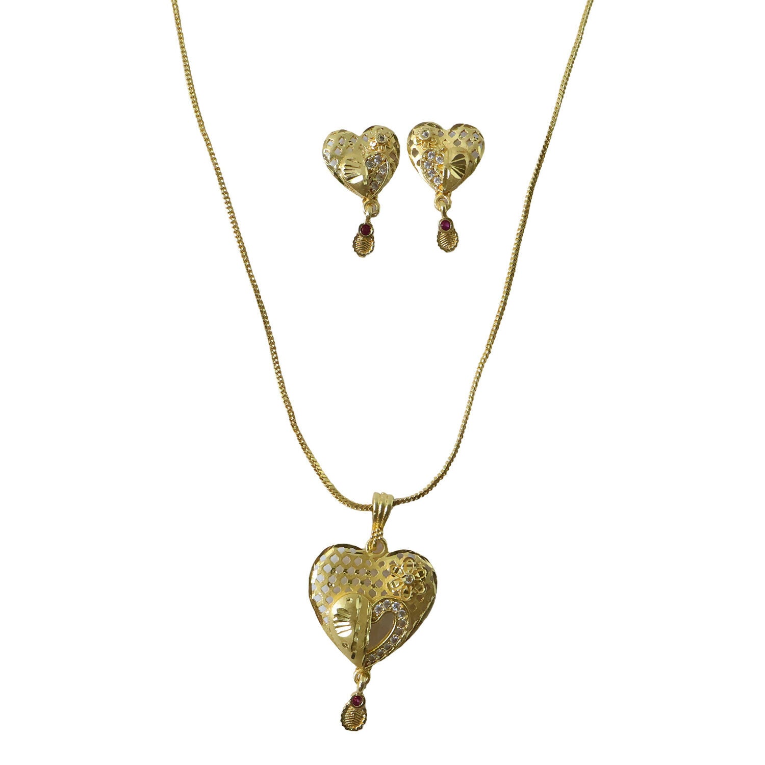Heart Motif Gold Pendant and Earring Set Elegant Traditional Jewelry Set for Women - Image 6