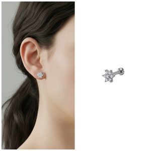 Silver Plated Crystal Flower Flat Back AD Stud Earring Pack of 1 PCS