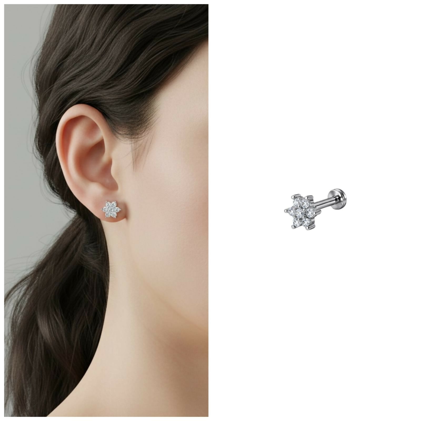 Silver Plated Crystal Flower Flat Back AD Stud Earring Pack of 1 PCS - Image 2