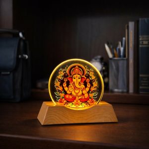 LED Lord Ganesha Acrylic Lamp with Wooden Base Spiritual Decor