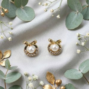 Korean Royal Bow-Knot Crystal Halo Pearl Studs For Girls And Women