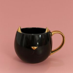 Premium Black CAT Ceramic Coffee Mug with Golden Horns & Handle – Cute Cartoon Style Large Capacity Tea Cup for Home, Office, Gifting, Hot & Cold Beverages, Unique Funky Stylish Ceramic Mug for Men Women (Pack of 1)