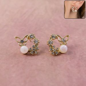 Butterfly Pearl Crystal Stud Earrings for Women And Girls
