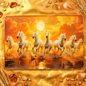 Seven White Running Horses Sunset Wall Art Frame