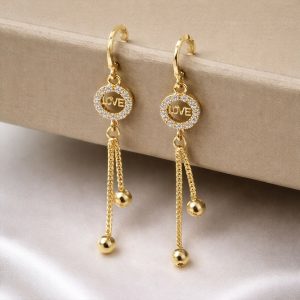 Romantic “LOVE” Charm Tassel Drop Earrings in Gold Finish