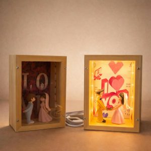 Wooden Couple Shadow Box Lamp for Bedroom, Table & Gift Decor