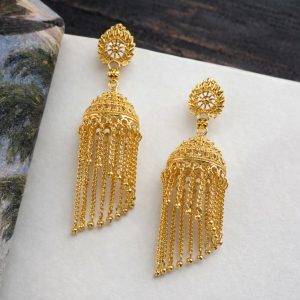 Traditional Gold Tone Chain Tassel Jhumka Earrings Long Ethnic Dangle Earrings for Women