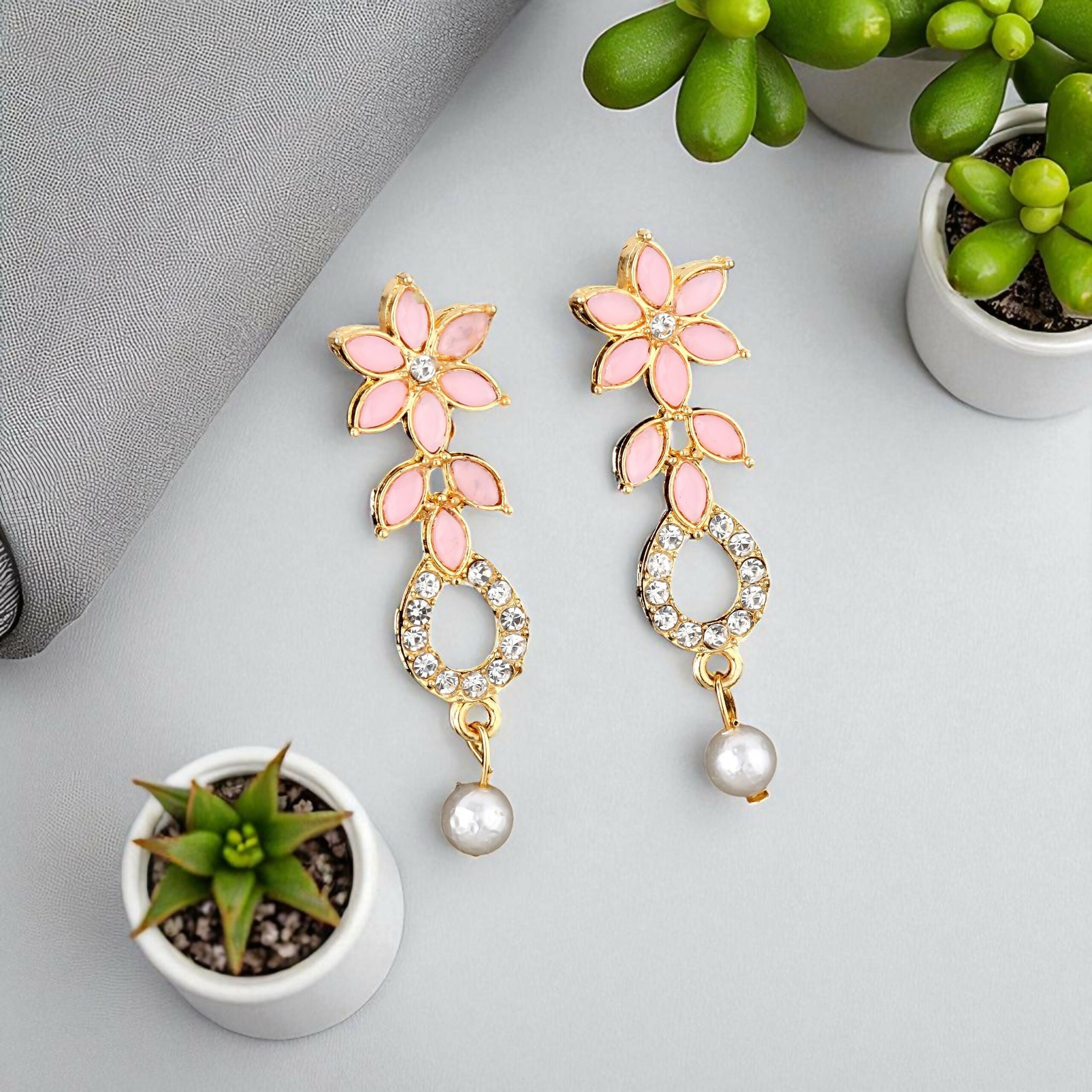 Delicate Baby Pink Floral & Crystal Necklace Set with Pearl Drop