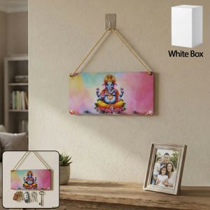 Ganpati Printed Wooden Key Holder with Rope Hanging & 4 Hooks – 6 x 12 Inch