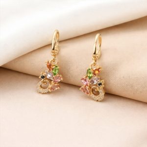 Multicolor Gemstone Leaf Motif Drop Earrings with Gold Finish