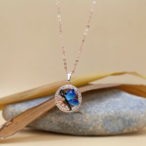 Rose Gold Plated Blue Butterfly Circle AD Pendant Necklace For women and girls