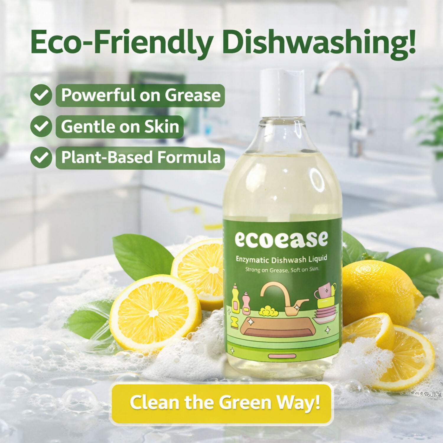 Ecoease Enzymatic Dishwash Liquid, Plant Based Grease Cutting Formula (500 ml) - Image 2