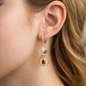 Gold-Tone Multicolor Floral Crystal Hoop Drop Earrings for Women