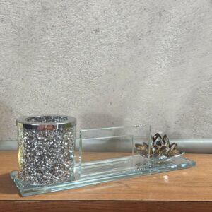 Luxury Glass Pen Stand and Card Holder with Crystal Lotus & Glitter Decor