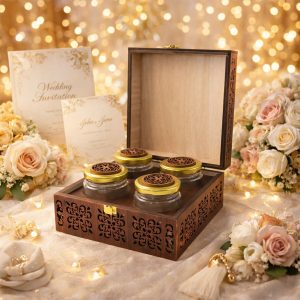 Artisanal 4-Jar Hand-Carved Wooden Gift Chest – Luxury Gourmet Storage Box