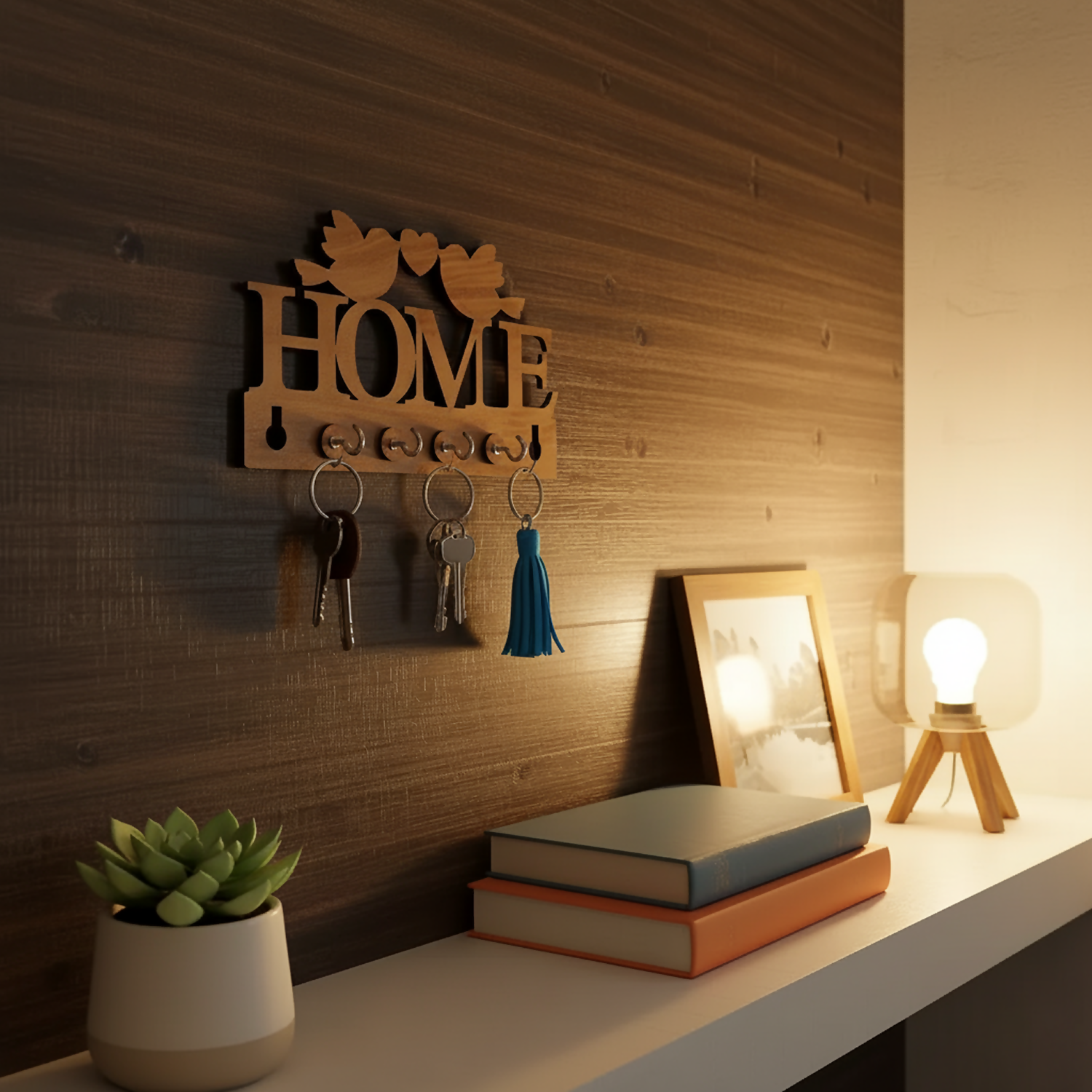 Wooden Key Holder for Wall “HOME” with Birds – Decorative MDF Wall Key Organizer | Home Décor Key Stand - Image 3