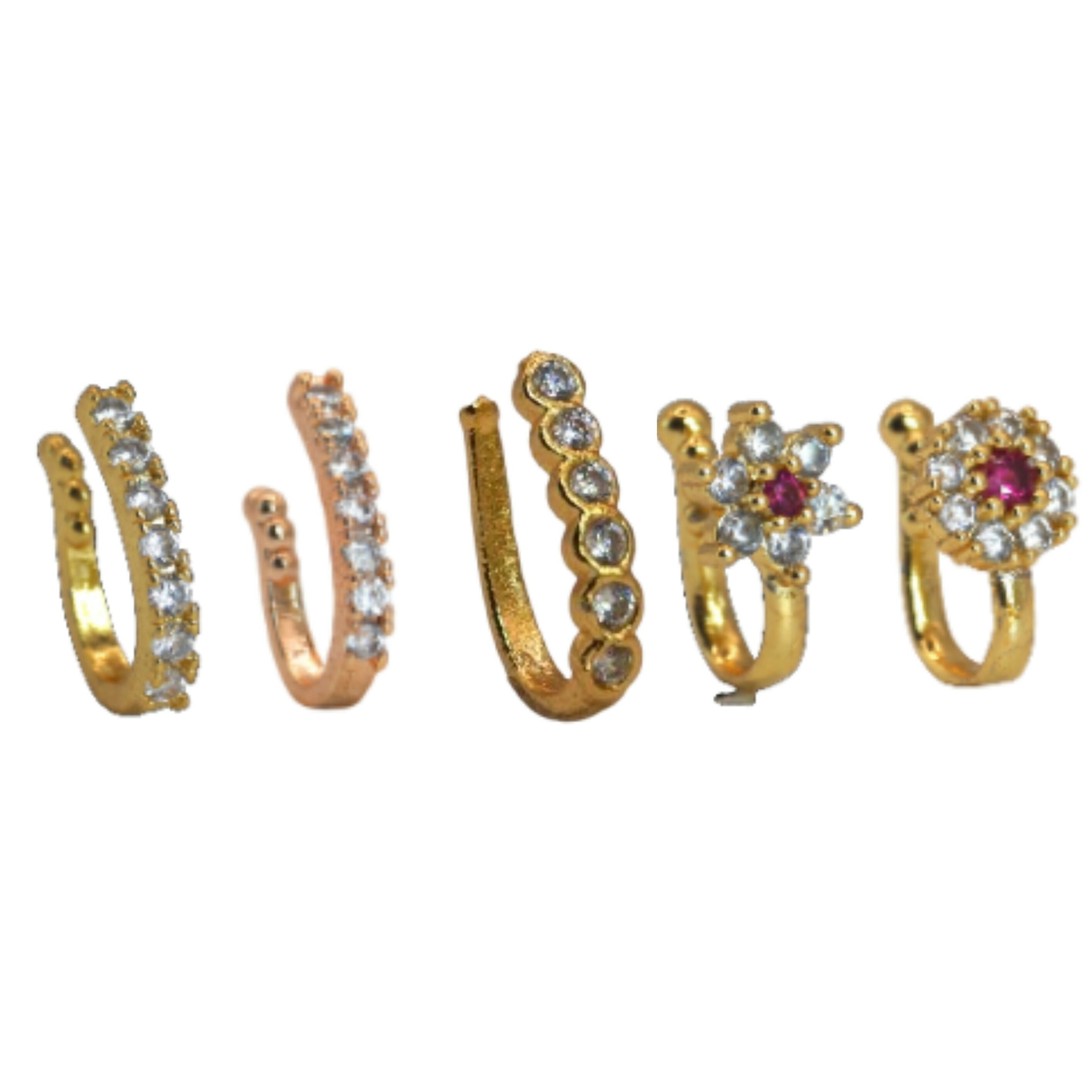 CZ Flower & Line Non-Piercing Nose Ring/Nath Combo Set Combo Pack of 5