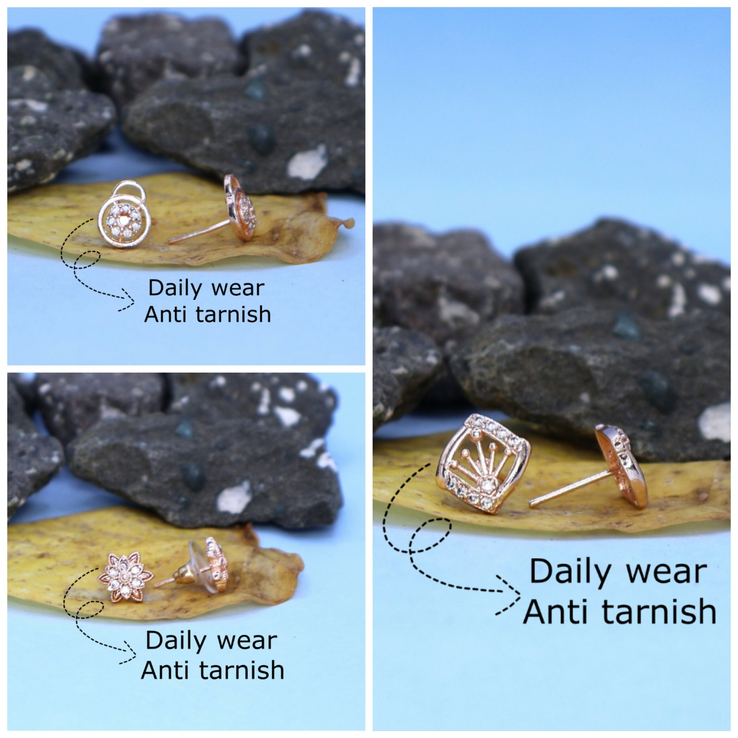 Rose Gold AD Stud Earrings Set | 3 Pair Combo | Diamond Look for women and girls - Image 2