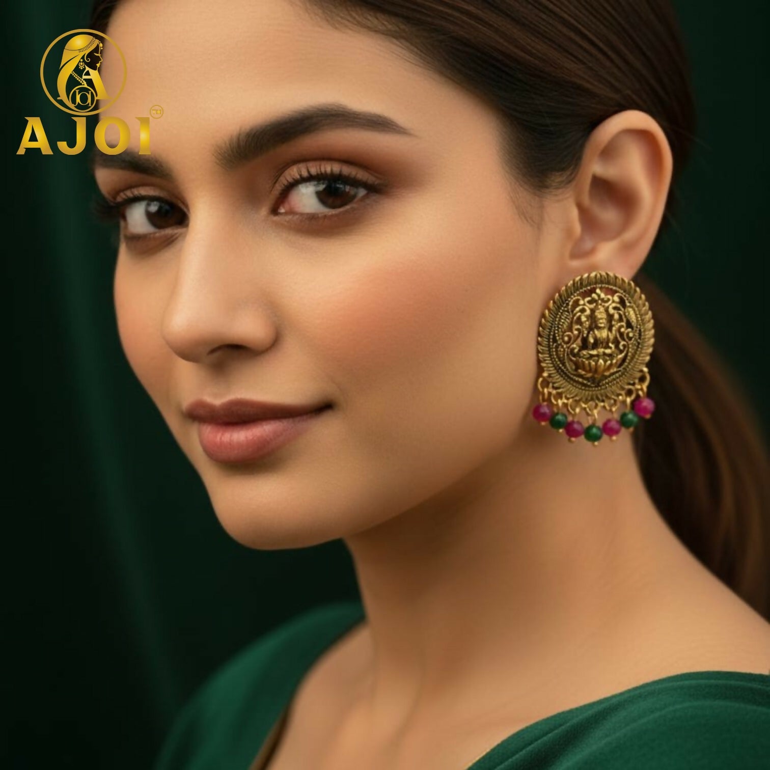 Gold Lakshmi Temple Stud Earrings - Image 2